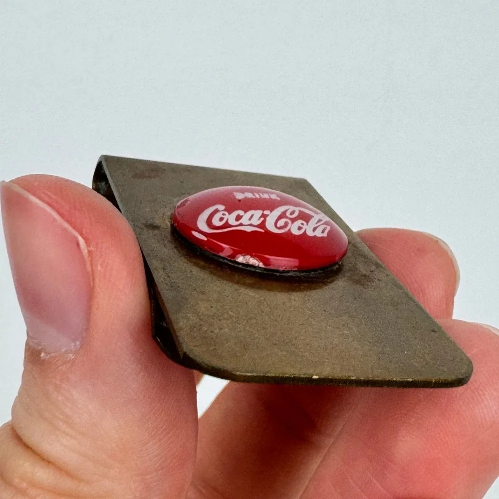 Vtg Coca Cola Coke Soda Merch w Red Logo Money Clip Brass Gold Color Metal Aged